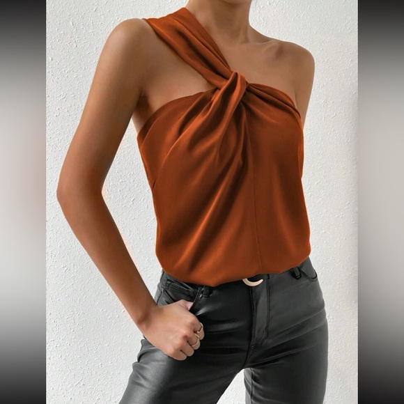 Luxe one shoulder twist front satin blouse - Picture 3 of 15